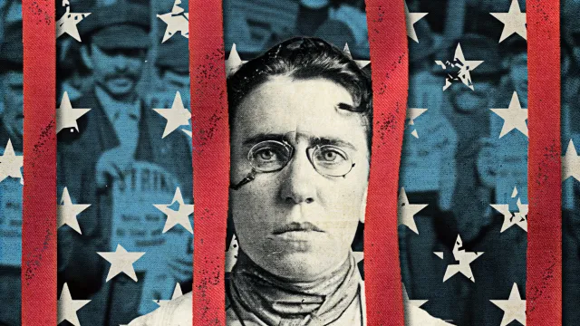 Collage of publisher Emma Goldman behind bars that look like the American flag